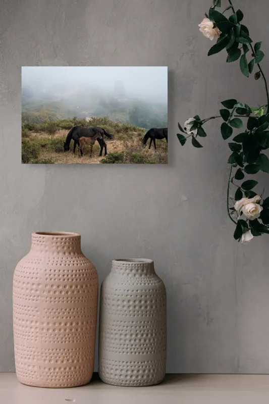 Tablou Canvas, "Mângâierea dimineții în ceață densă", Cai, Pășuni, Ceață, Natură, Mânz, Peisaj, Plante, Dealuri, Sălbăticie, Cer, Verdeață., 39 x 26 cm – poza 4
