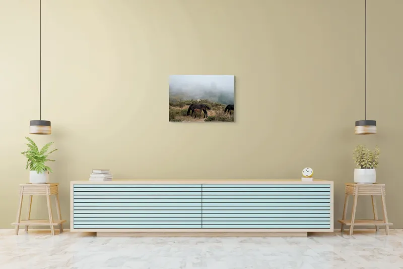Tablou Canvas, "Mângâierea dimineții în ceață densă", Cai, Pășuni, Ceață, Natură, Mânz, Peisaj, Plante, Dealuri, Sălbăticie, Cer, Verdeață., 70 x 50 cm – poza 7
