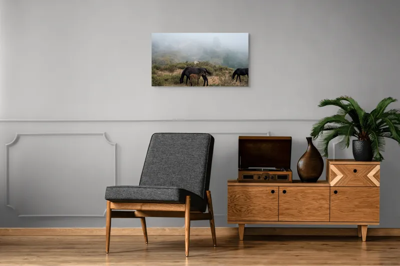 Tablou Canvas, "Mângâierea dimineții în ceață densă", Cai, Pășuni, Ceață, Natură, Mânz, Peisaj, Plante, Dealuri, Sălbăticie, Cer, Verdeață., 90 x 50 cm – poza 6