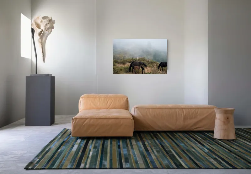 Tablou Canvas, "Mângâierea dimineții în ceață densă", Cai, Pășuni, Ceață, Natură, Mânz, Peisaj, Plante, Dealuri, Sălbăticie, Cer, Verdeață., 90 x 50 cm – poza 8