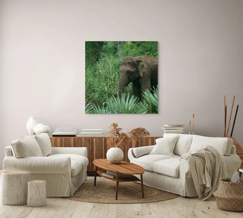 Tablou Canvas, "Elefant printre verdeața densă tropicală", Elefant, Vegetație, Junglă, Verde, Natură, Savană, Trunchi, Timp Liber, 100 x 100 cm – poza 3
