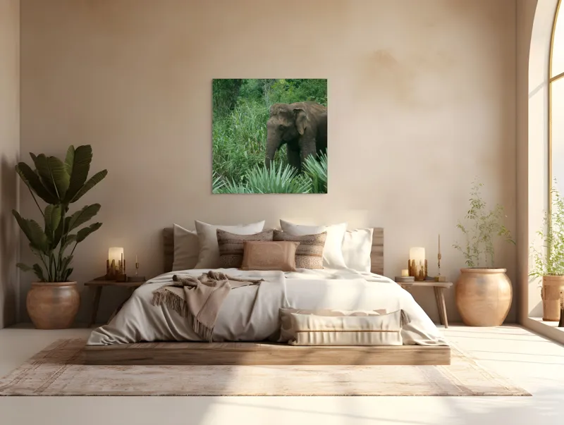 Tablou Canvas, "Elefant printre verdeața densă tropicală", Elefant, Vegetație, Junglă, Verde, Natură, Savană, Trunchi, Timp Liber, 100 x 100 cm – poza 4