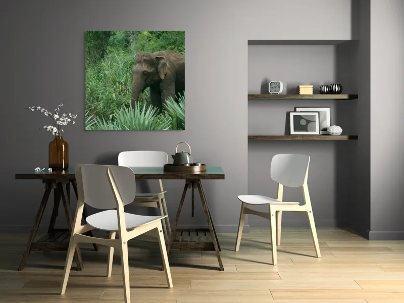 Tablou Canvas, "Elefant printre verdeața densă tropicală", Elefant, Vegetație, Junglă, Verde, Natură, Savană, Trunchi, Timp Liber, 100 x 100 cm – poza 6