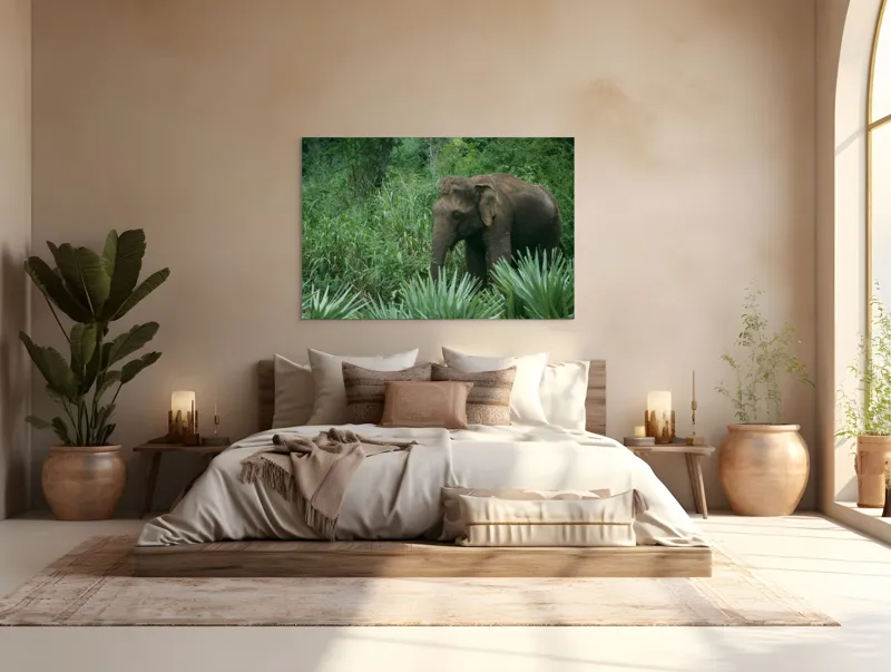 Tablou Canvas, "Elefant printre verdeața densă tropicală", Elefant, Vegetație, Junglă, Verde, Natură, Savană, Trunchi, Timp Liber, 150 x 100 cm – poza 4