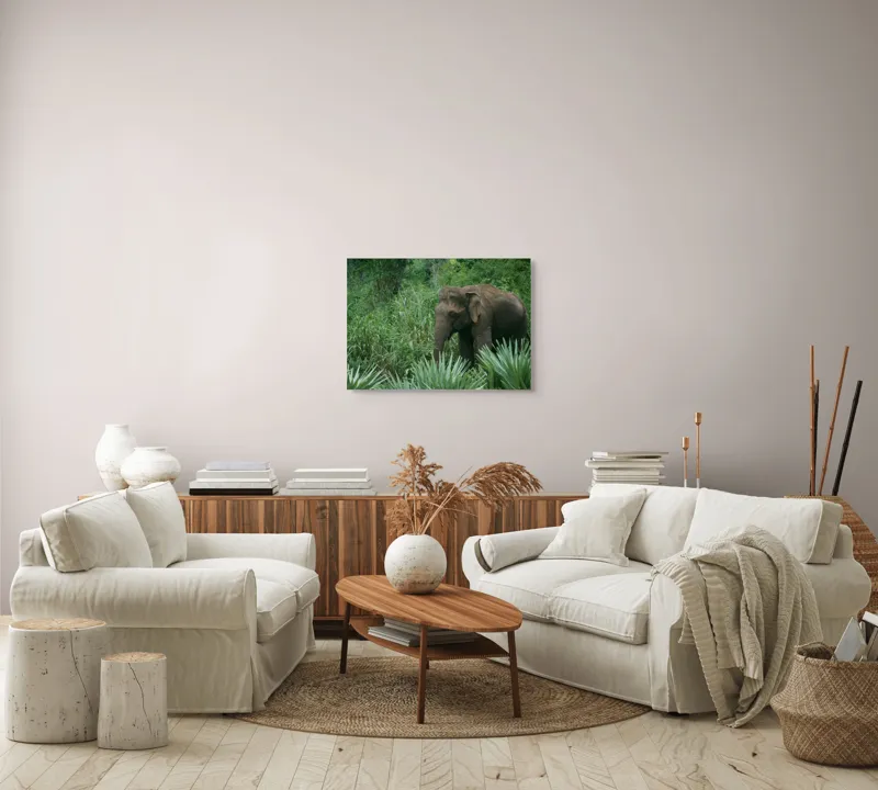 Tablou Canvas, "Elefant printre verdeața densă tropicală", Elefant, Vegetație, Junglă, Verde, Natură, Savană, Trunchi, Timp Liber, 70 x 50 cm – poza 6