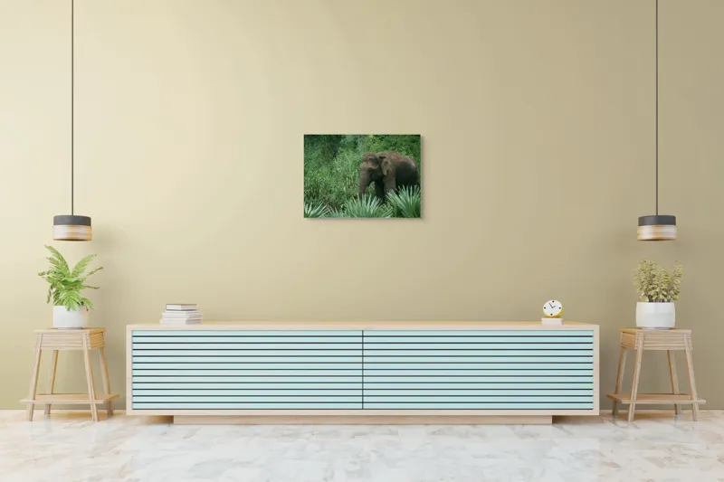 Tablou Canvas, "Elefant printre verdeața densă tropicală", Elefant, Vegetație, Junglă, Verde, Natură, Savană, Trunchi, Timp Liber, 70 x 50 cm – poza 7