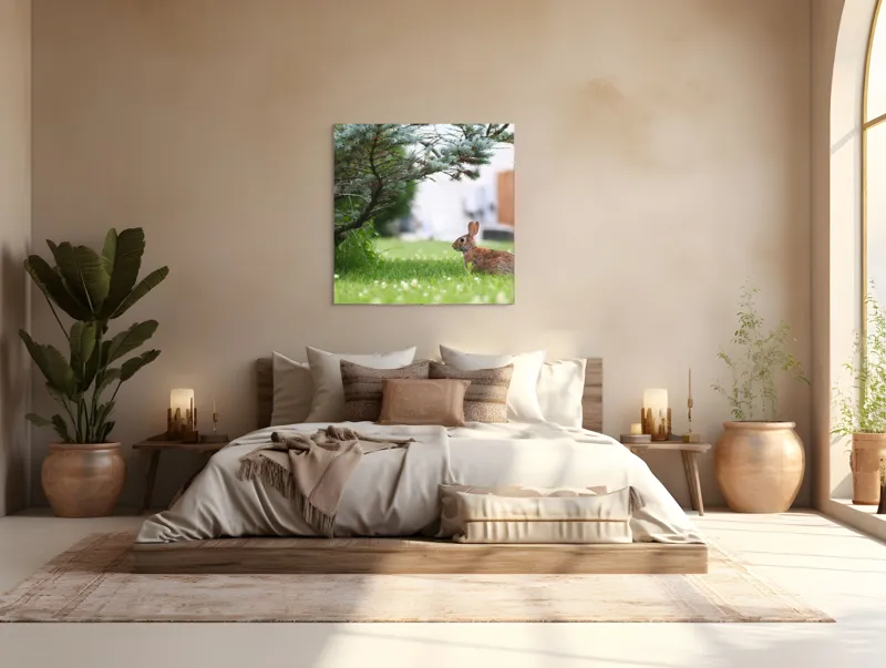 Tablou Canvas, "Iepurele sub ramurile verzi alebradului", Iepure, Verdeață, Copac, Curte, Natură, Relaxare, Frumusețe, Calm, Pastoral, Serenitate, 100 x 100 cm – poza 4