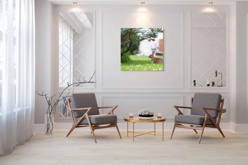 Tablou Canvas, "Iepurele sub ramurile verzi alebradului", Iepure, Verdeață, Copac, Curte, Natură, Relaxare, Frumusețe, Calm, Pastoral, Serenitate, 100 x 100 cm – poza 7