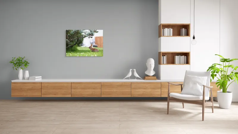 Tablou Canvas, "Iepurele sub ramurile verzi alebradului", Iepure, Verdeață, Copac, Curte, Natură, Relaxare, Frumusețe, Calm, Pastoral, Serenitate, 100 x 70 cm – poza 6