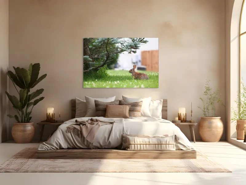 Tablou Canvas, "Iepurele sub ramurile verzi alebradului", Iepure, Verdeață, Copac, Curte, Natură, Relaxare, Frumusețe, Calm, Pastoral, Serenitate, 150 x 100 cm – poza 4