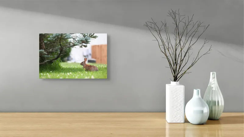Tablou Canvas, "Iepurele sub ramurile verzi alebradului", Iepure, Verdeață, Copac, Curte, Natură, Relaxare, Frumusețe, Calm, Pastoral, Serenitate, 39 x 26 cm – poza 8