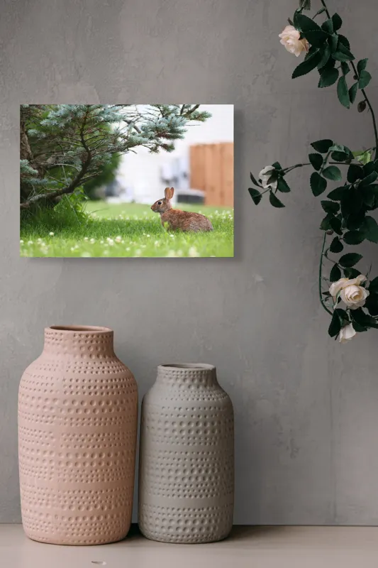 Tablou Canvas, "Iepurele sub ramurile verzi alebradului", Iepure, Verdeață, Copac, Curte, Natură, Relaxare, Frumusețe, Calm, Pastoral, Serenitate, 54 x 39 cm – poza 8