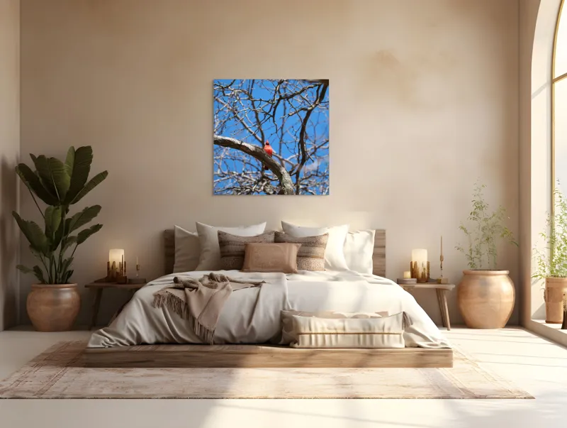 Tablou Canvas, "Cardinalul singuratic în copac uscat", Cardinal, Cer, Crengi, Primăvară, Ramură, Păsări, Natură, Albastru, Contrast, Frumusețe, 100 x 100 cm – poza 4