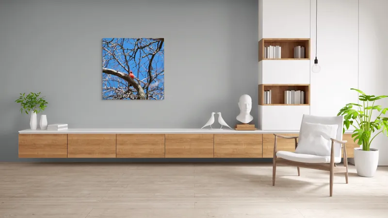 Tablou Canvas, "Cardinalul singuratic în copac uscat", Cardinal, Cer, Crengi, Primăvară, Ramură, Păsări, Natură, Albastru, Contrast, Frumusețe, 100 x 100 cm – poza 8