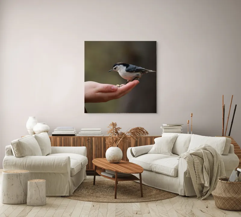 Tablou Canvas, "Ospățul prieteniei în pădurile liniștite", Mână, Păsărică, Natură, Blândețe, Interacțiune, Curaj, Delicatețe, Moment, Conexiune, Încredere, 100 x 100 cm – poza 3