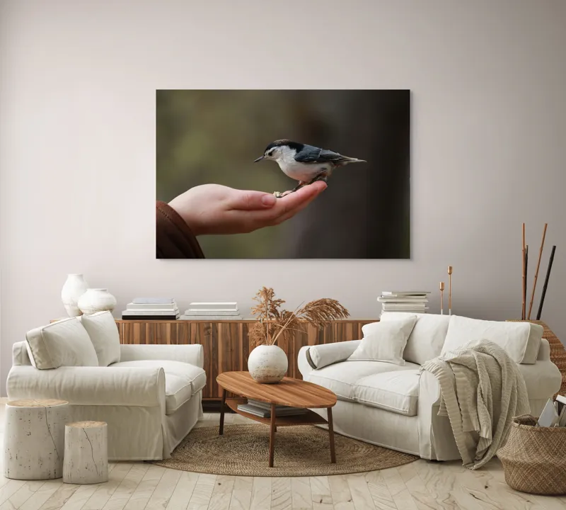 Tablou Canvas, "Ospățul prieteniei în pădurile liniștite", Mână, Păsărică, Natură, Blândețe, Interacțiune, Curaj, Delicatețe, Moment, Conexiune, Încredere, 150 x 100 cm – poza 3