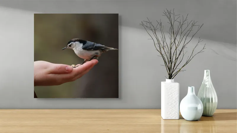 Tablou Canvas, "Ospățul prieteniei în pădurile liniștite", Mână, Păsărică, Natură, Blândețe, Interacțiune, Curaj, Delicatețe, Moment, Conexiune, Încredere, 50 x 50 cm – poza 3