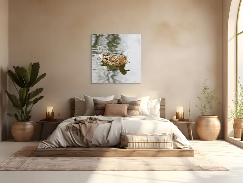 Tablou Canvas, "Rața plutește pe oglinda apei", Rață, Apă, Reflecție, Plutire, Natură, Pene, Lac, Liniște, 100 x 100 cm – poza 4