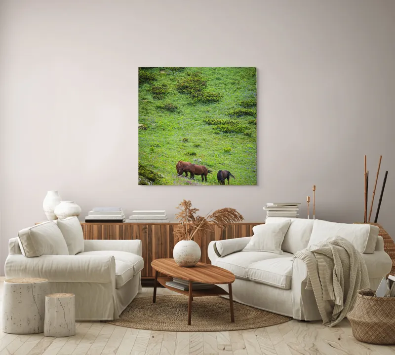 Tablou Canvas, "Cai păscând pe un deal verde", Verdeață, Cai, Dealuri, Floricele, Natură, Pășune, Liniște, Slove, Seninătate., 100 x 100 cm – poza 3