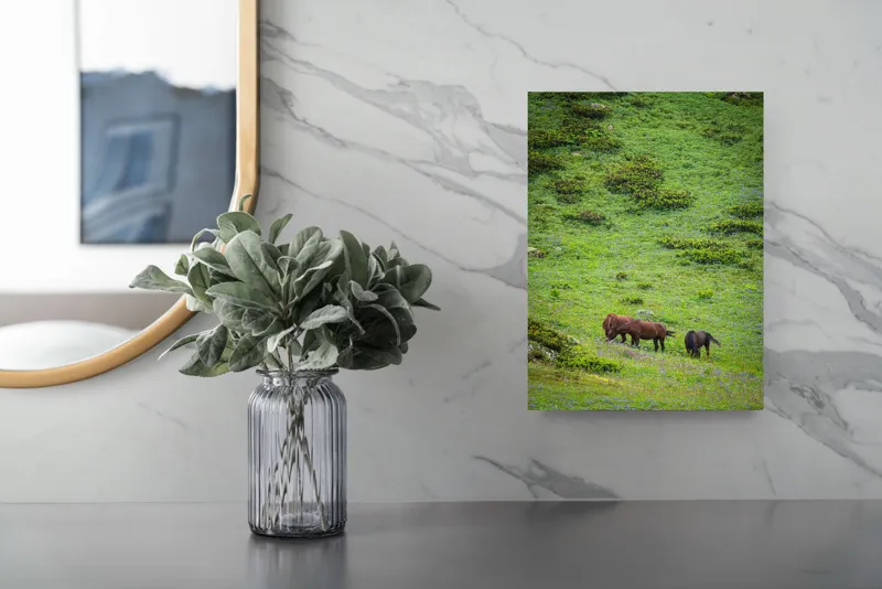 Tablou Canvas, "Cai păscând pe un deal verde", Verdeață, Cai, Dealuri, Floricele, Natură, Pășune, Liniște, Slove, Seninătate., 26 x 39 cm – poza 4