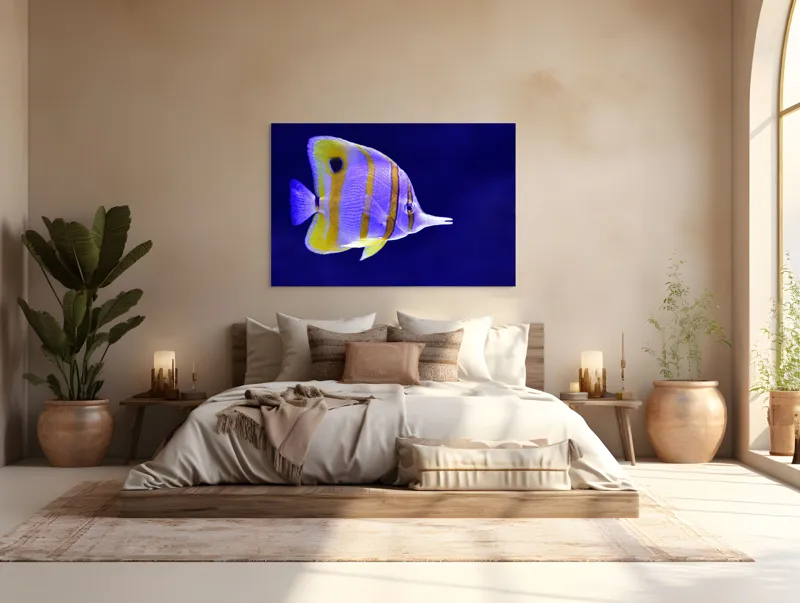 Tablou Canvas, "Peștișorul tropical în nuanțe vibrante", Nu pot identifica speciile de pești, dar pot să descriu imaginea: Pește, Marin, Galben, Albastru, Dungi, Ocean., 150 x 100 cm – poza 4