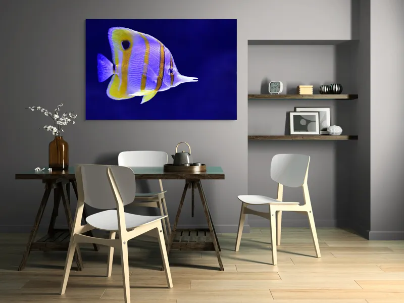 Tablou Canvas, "Peștișorul tropical în nuanțe vibrante", Nu pot identifica speciile de pești, dar pot să descriu imaginea: Pește, Marin, Galben, Albastru, Dungi, Ocean., 150 x 100 cm – poza 5
