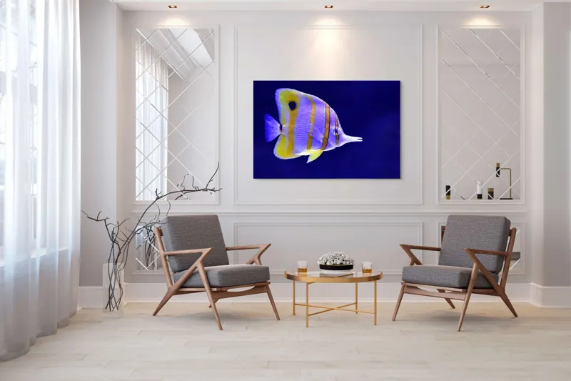 Tablou Canvas, "Peștișorul tropical în nuanțe vibrante", Nu pot identifica speciile de pești, dar pot să descriu imaginea: Pește, Marin, Galben, Albastru, Dungi, Ocean., 150 x 100 cm – poza 7
