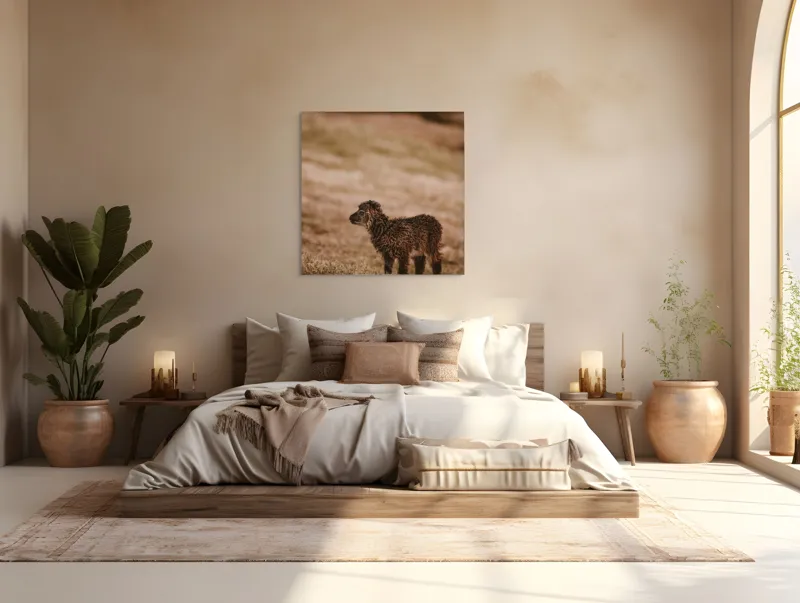 Tablou Canvas, "Miel singuratic pe câmpie aurie", Nisip, Blană, Natură, Singurătate, Miel, Apus, Iarbă, Căldură, 100 x 100 cm – poza 4
