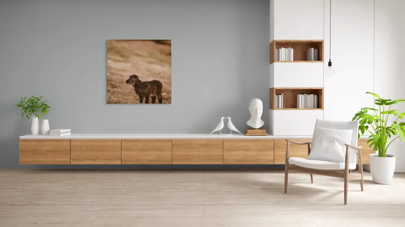 Tablou Canvas, "Miel singuratic pe câmpie aurie", Nisip, Blană, Natură, Singurătate, Miel, Apus, Iarbă, Căldură, 100 x 100 cm – poza 8