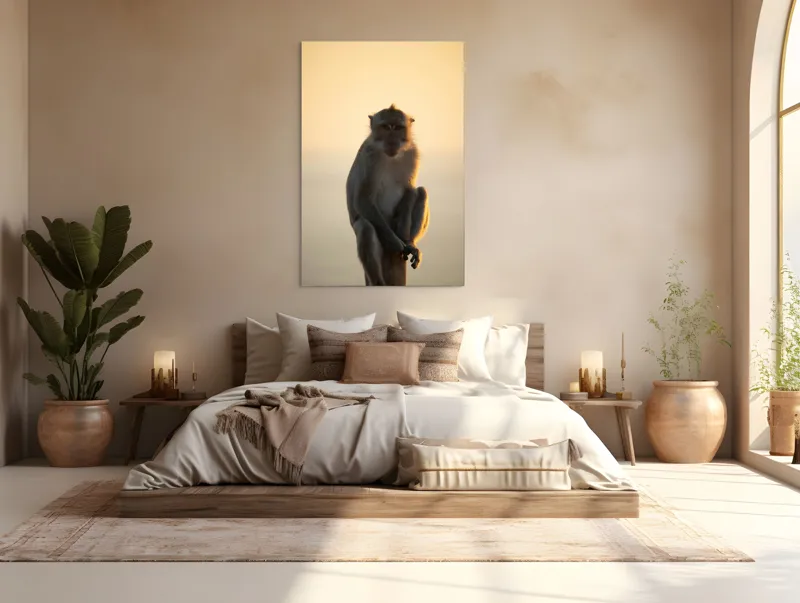 Tablou Canvas, "Maimuță contemplativă în lumina amurgului", Maimuță, Apus, Siluetă, Lumină, Coloană, Relaxare, Natură, Calm, Privește, Serenitate, 100 x 150 cm – poza 3