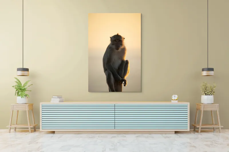 Tablou Canvas, "Maimuță contemplativă în lumina amurgului", Maimuță, Apus, Siluetă, Lumină, Coloană, Relaxare, Natură, Calm, Privește, Serenitate, 100 x 150 cm – poza 4