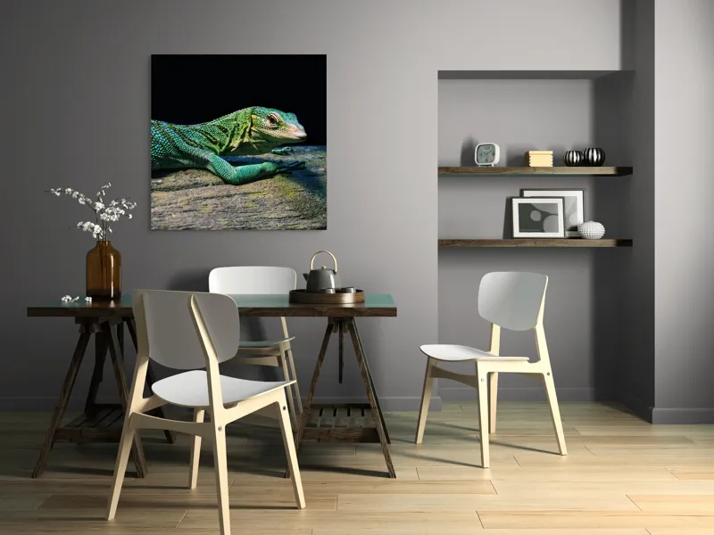 Tablou Canvas, "Șopârla în așteptarea soarelui dimineții", Șopârlă, Verde, Sol, Textură, Scări, Ochi, Natură, Relaxare, Viețuitoare, Mediu, 100 x 100 cm – poza 6