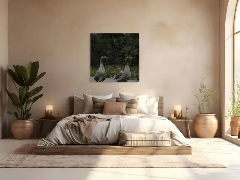 Tablou Canvas, "Doi gâște la marginea pădurii", Gâște, Verdeață, Drum, Natură, Pene, Bețe Portocalii, Copaci, Parc., 100 x 100 cm – poza 4