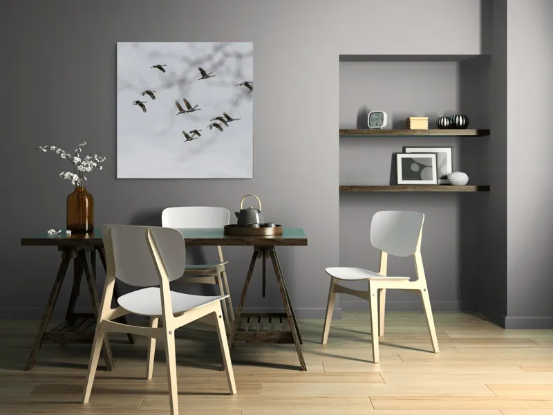 Tablou Canvas, "Dansul cocorilor sub cer înnorat", Zbor, Libertate, Cer, Păsări, Linie, Aripi, Dans, Grație, Natură, Vise, 100 x 100 cm – poza 6
