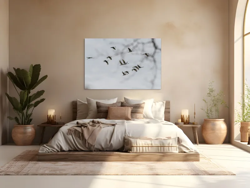 Tablou Canvas, "Dansul cocorilor sub cer înnorat", Zbor, Libertate, Cer, Păsări, Linie, Aripi, Dans, Grație, Natură, Vise, 150 x 100 cm – poza 4