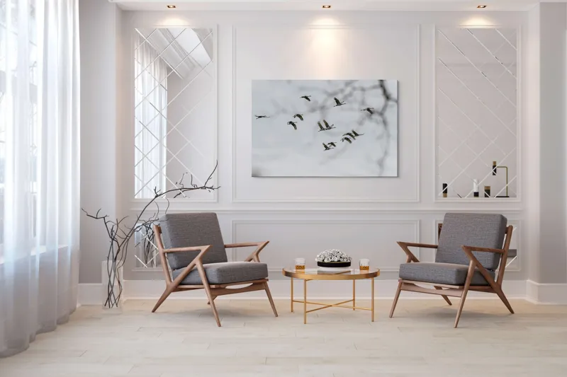 Tablou Canvas, "Dansul cocorilor sub cer înnorat", Zbor, Libertate, Cer, Păsări, Linie, Aripi, Dans, Grație, Natură, Vise, 150 x 100 cm – poza 7