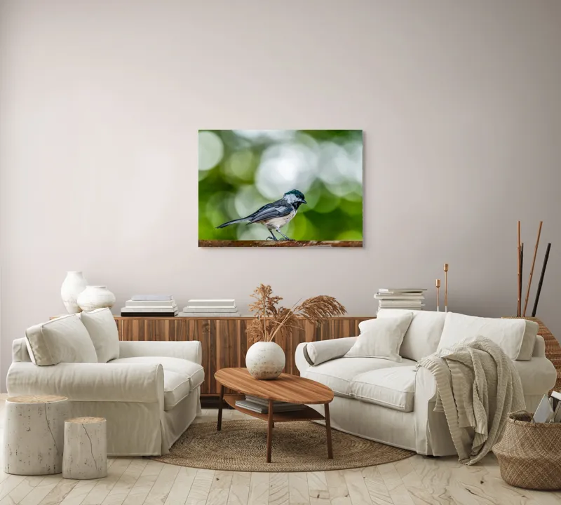 Tablou Canvas, "Mic pian al pădurii senine", Pasăre, Ramură, Verdeață, Bokeh, Delicatețe, Natură, Zburătoare, 100 x 70 cm – poza 3