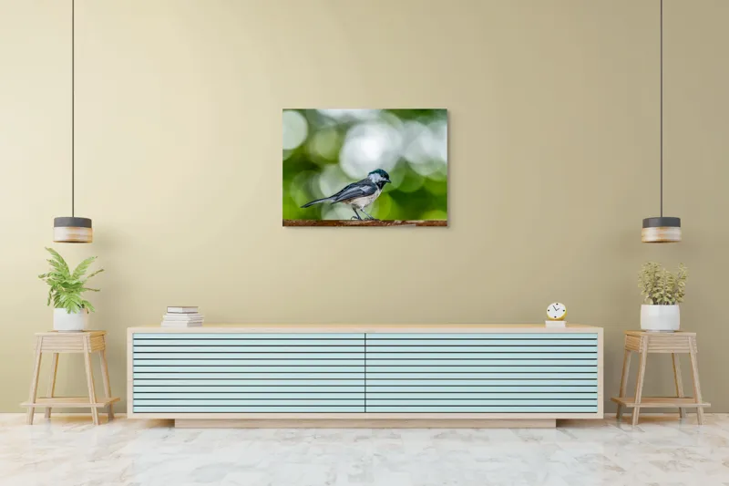 Tablou Canvas, "Mic pian al pădurii senine", Pasăre, Ramură, Verdeață, Bokeh, Delicatețe, Natură, Zburătoare, 100 x 70 cm – poza 4