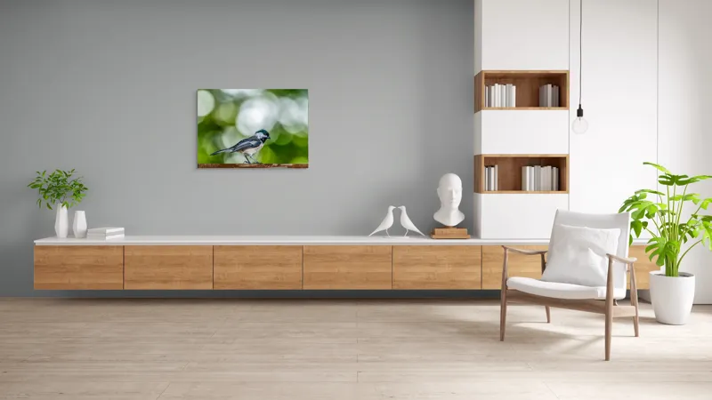 Tablou Canvas, "Mic pian al pădurii senine", Pasăre, Ramură, Verdeață, Bokeh, Delicatețe, Natură, Zburătoare, 100 x 70 cm – poza 6
