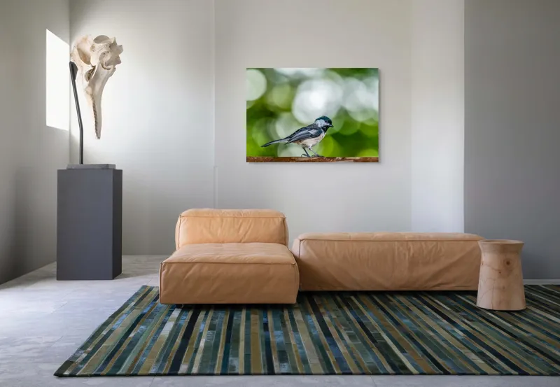 Tablou Canvas, "Mic pian al pădurii senine", Pasăre, Ramură, Verdeață, Bokeh, Delicatețe, Natură, Zburătoare, 100 x 70 cm – poza 7
