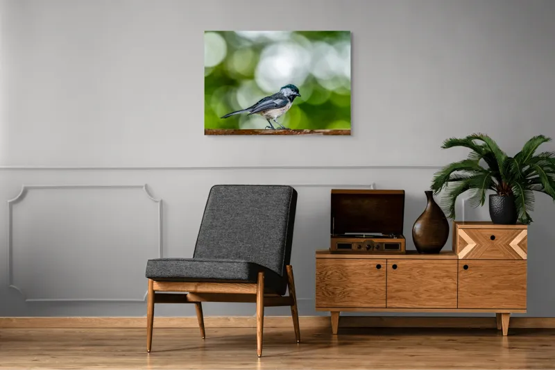 Tablou Canvas, "Mic pian al pădurii senine", Pasăre, Ramură, Verdeață, Bokeh, Delicatețe, Natură, Zburătoare, 100 x 70 cm – poza 8