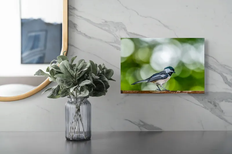 Tablou Canvas, "Mic pian al pădurii senine", Pasăre, Ramură, Verdeață, Bokeh, Delicatețe, Natură, Zburătoare, 39 x 26 cm – poza 5