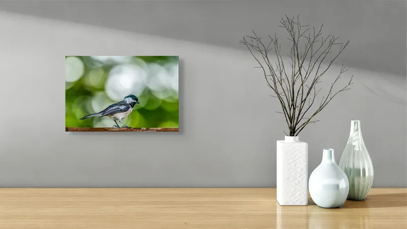 Tablou Canvas, "Mic pian al pădurii senine", Pasăre, Ramură, Verdeață, Bokeh, Delicatețe, Natură, Zburătoare, 39 x 26 cm – poza 8