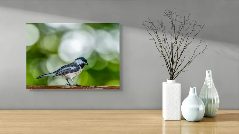 Tablou Canvas, "Mic pian al pădurii senine", Pasăre, Ramură, Verdeață, Bokeh, Delicatețe, Natură, Zburătoare, 54 x 39 cm – poza 3