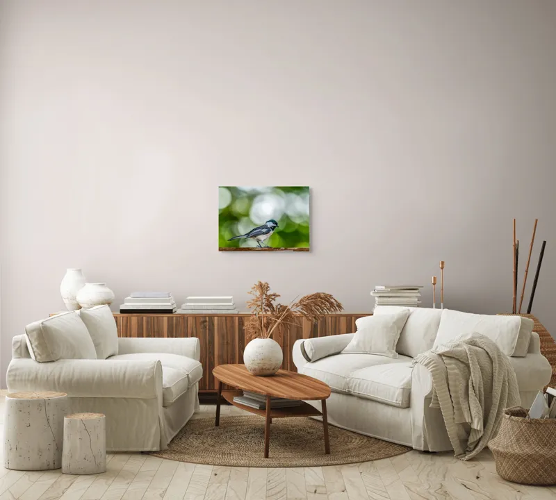 Tablou Canvas, "Mic pian al pădurii senine", Pasăre, Ramură, Verdeață, Bokeh, Delicatețe, Natură, Zburătoare, 54 x 39 cm – poza 5