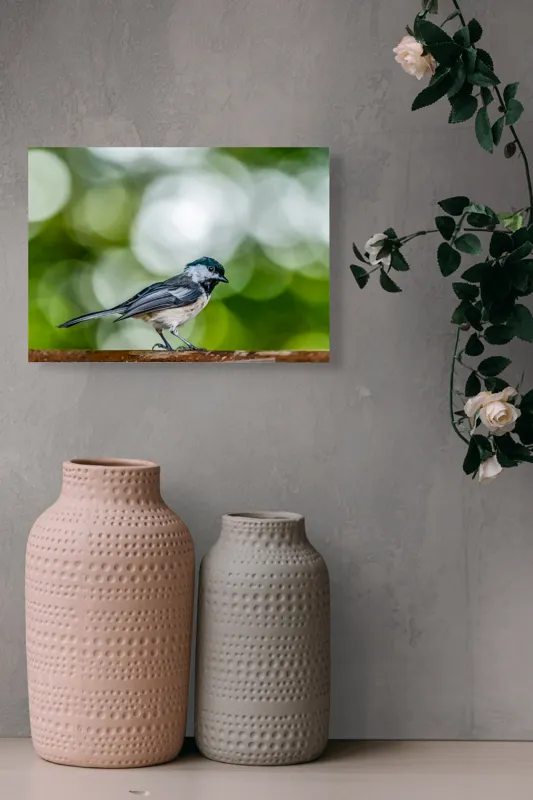 Tablou Canvas, "Mic pian al pădurii senine", Pasăre, Ramură, Verdeață, Bokeh, Delicatețe, Natură, Zburătoare, 54 x 39 cm – poza 8