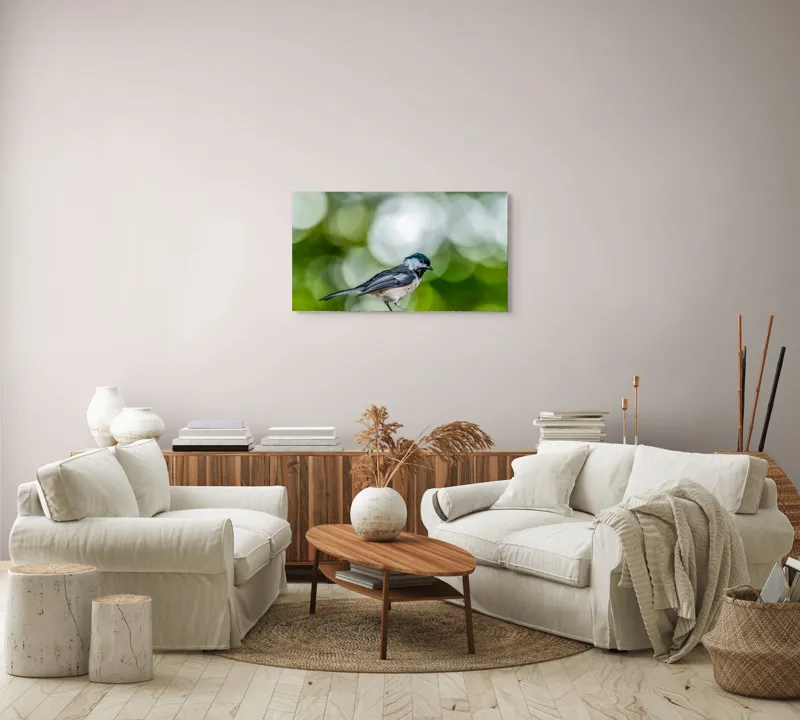 Tablou Canvas, "Mic pian al pădurii senine", Pasăre, Ramură, Verdeață, Bokeh, Delicatețe, Natură, Zburătoare, 90 x 50 cm – poza 4