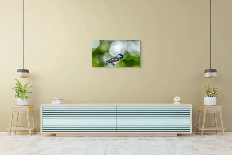 Tablou Canvas, "Mic pian al pădurii senine", Pasăre, Ramură, Verdeață, Bokeh, Delicatețe, Natură, Zburătoare, 90 x 50 cm – poza 5