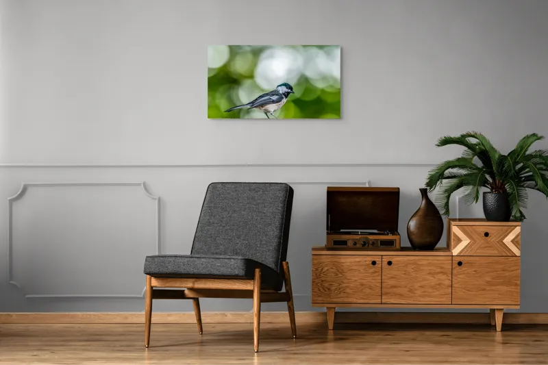Tablou Canvas, "Mic pian al pădurii senine", Pasăre, Ramură, Verdeață, Bokeh, Delicatețe, Natură, Zburătoare, 90 x 50 cm – poza 6