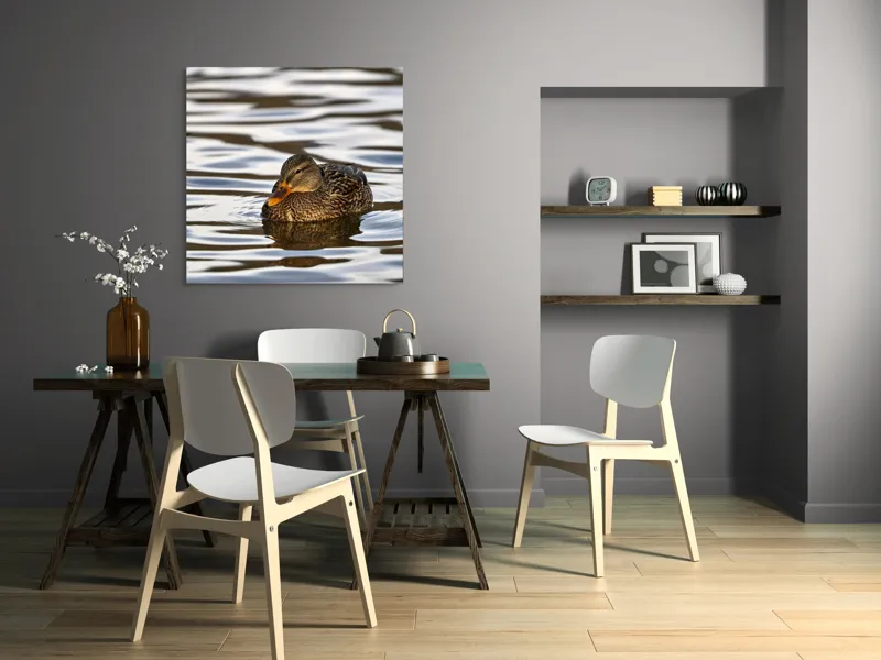 Tablou Canvas, "Rață singuratică pe oglinda apei", Rață, Apă, Plutire, Reflecție, Pene, Liniște, Natură, Serenitate., 100 x 100 cm – poza 6